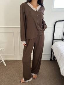 DAZY Lace Patchwork Knit Pajama Set - Coffee Brown - View 3