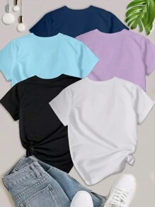 SHEIN Unity 5PCS Áo thun in chữ Slogan cho nữ Áo thun ngắn tay thường ngày Áo thun họa tiết cho nữ - Nhiều màu - Xem 2