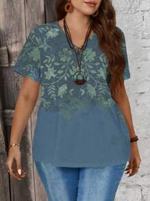EMERY ROSE Summer Casual Vintage Pattern V-Neck Fitted Plus Size Women T-Shirt