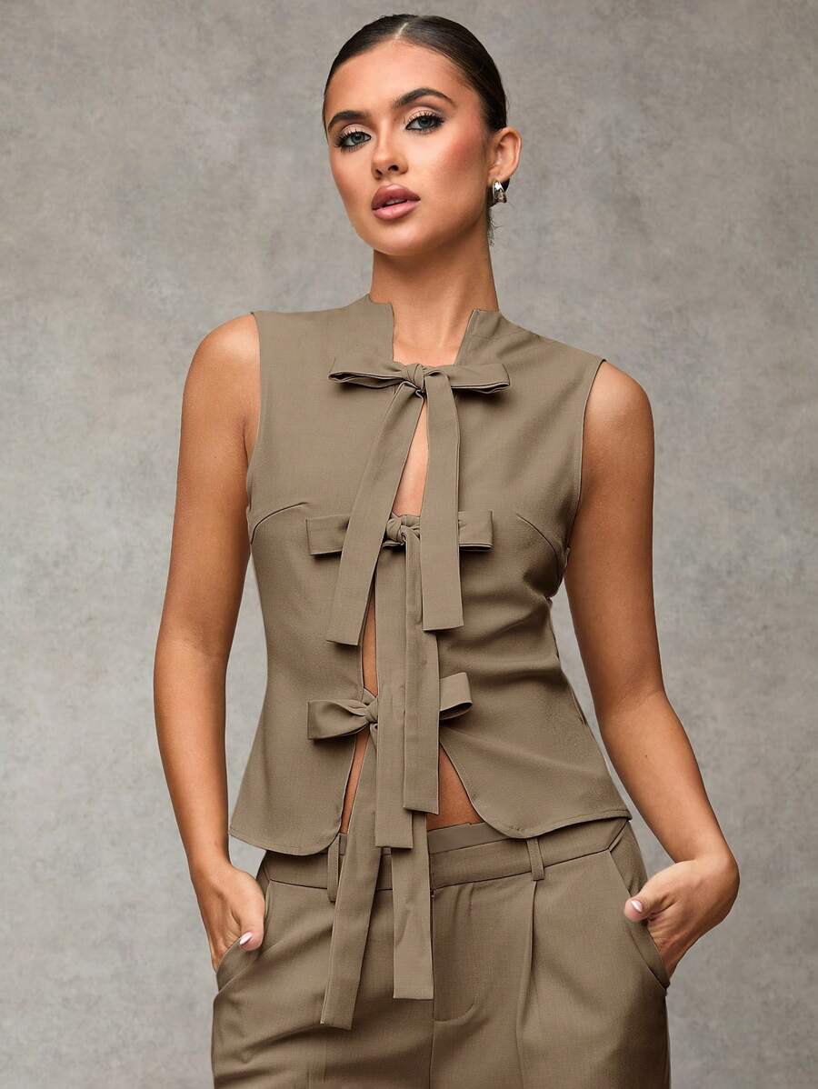 SHEIN BAE Women Solid Color Tie Strap Sleeveless Blouse - Brown - View 1