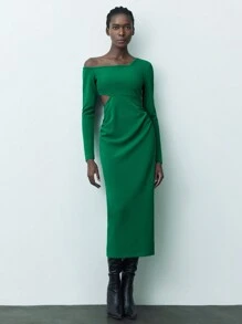 Maija Women's Solid Color Asymmetrical Neckline Long Sleeve Dress Classy Green Dress Elegant Knitted Dress