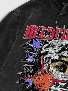 ROMWE MEN Street Life Sudadera con capucha desgastada y estampada con gráficos retro para hombre - Negro - Ver 5