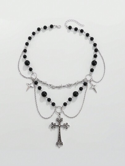 Goth 1pc Multi-Layer Beaded Cross Pendant Necklace