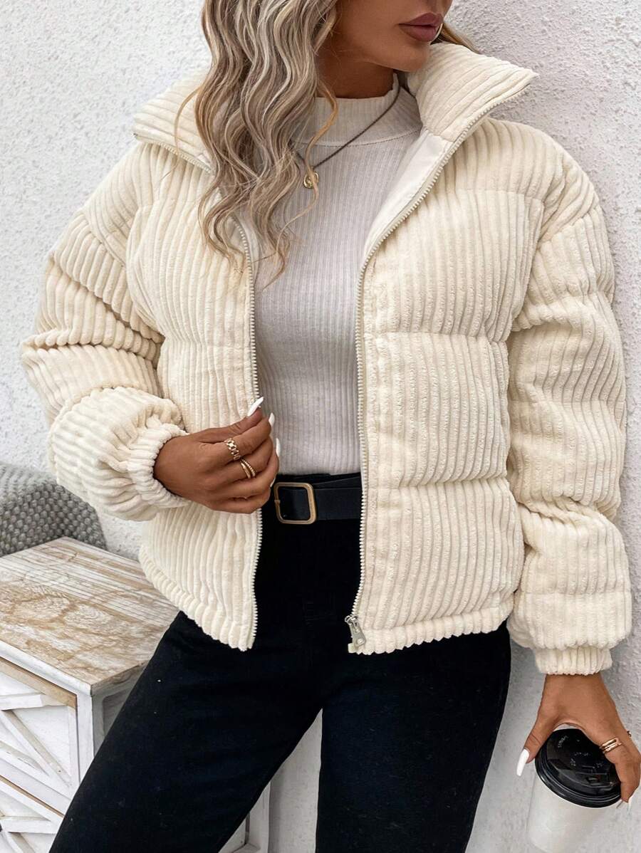 SHEIN CURVE+ Curve Plus Zip Up Corduroy Padded Coat, For Winter - Beige - View 1