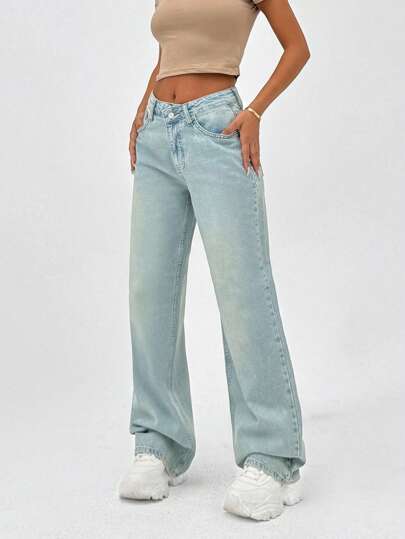 EURMUSE 100% katoen HIGH RISE WIDELBEEN SNIT ASYMMETRISCHE RIEM DAMESJEANS