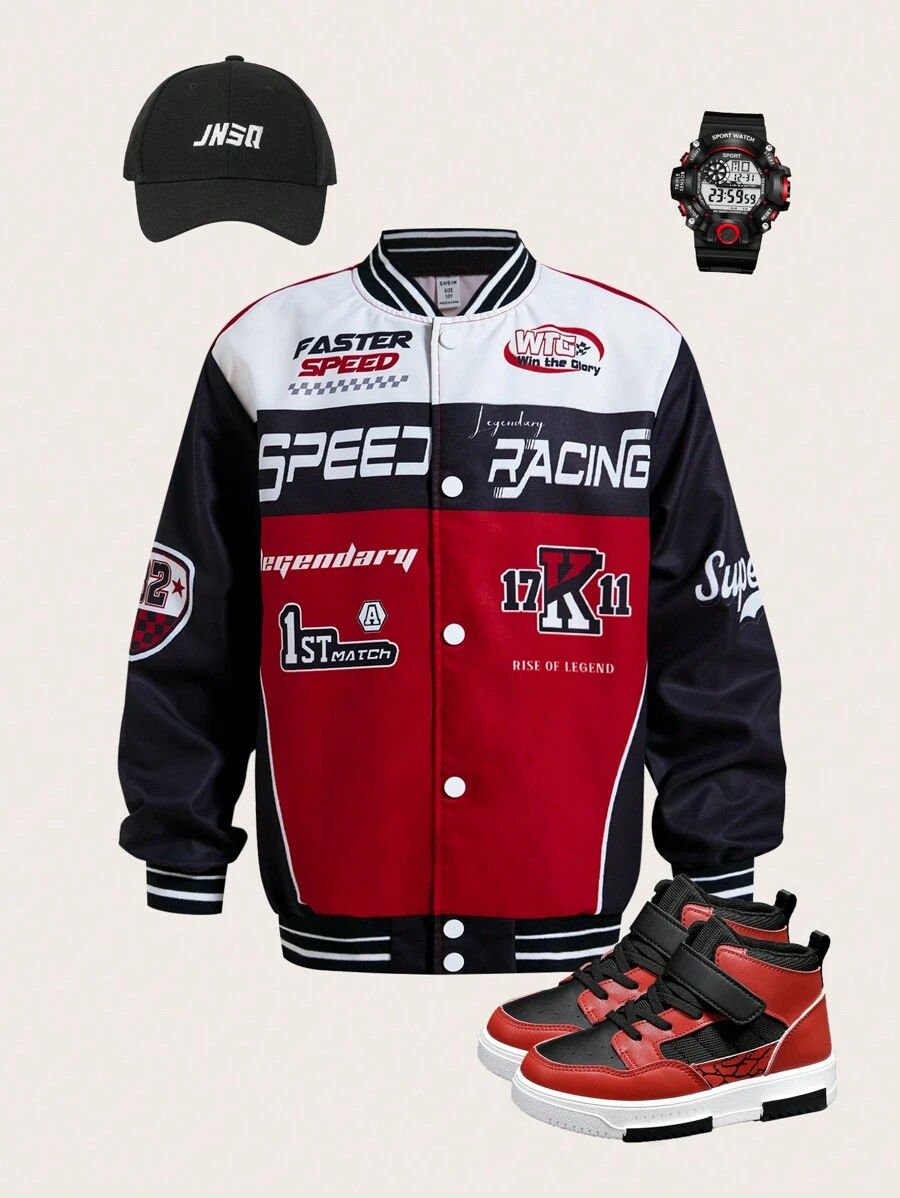 SHEIN Chaqueta ligera con bloqueo de colores, letra y gráficos para niño preadolescente - Rojo - Ver 1