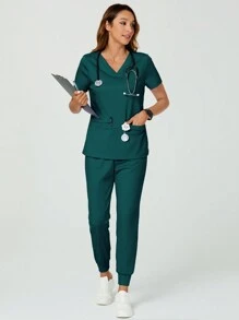 TaskEZ 2 件纯色 V 领口袋 T 恤和裤子护士制服手术服套装 - 水鴨藍 - 查看 6