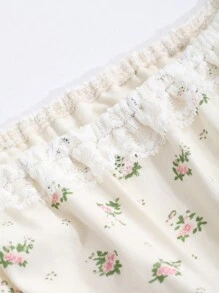 DAZY 女士长袖优雅迷人花卉印花U领荷叶边高腰睡袍睡衣