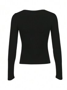 INAWLY Women Spring Autumn Casual Solid Color Black Long Sleeve T-Shirt Fall Cloth For Women - Black - View 2