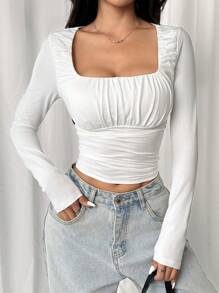 SHEIN EZwear Blusa de manga larga con cuello en U y pliegues - Blanco - Ver 4