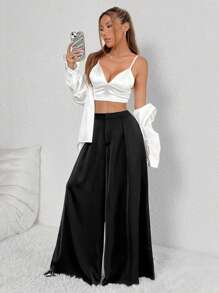 SHEIN Unity Women's Solid Color Loose Casual Pants - Black - View 2