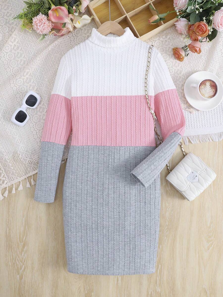 SHEIN Tween Girl Knitted Fleece Rib Knit Color Block Turtleneck Long-Sleeved Casual Dress, Suitable For Autumn And Winter - Multicolor - View 1