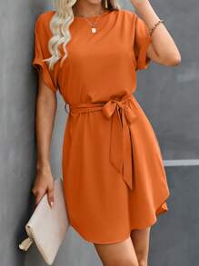 SHEIN Clasi Đầm mùa hè tay ngắn cổ tròn màu trơn - Màu Cam cháy - Xem 4