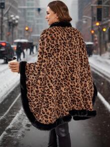 SHEIN Clasi 大码女式蓬松领子拼布豹纹宽松开衫外套，适合秋冬季