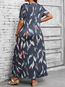 EMERY ROSE Váy in họa tiết cổ tròn tay ngắn cỡ lớn, đi nghỉ thường ngày - Xám - Xem 3