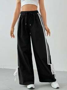 SHEIN Tall Women's Streetwear Athleisure Back To School Sportswear Casual Banded Texture Decoration Cargo Pants - Black - View 4