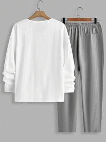 Manfinity VCAY 2pcs Men's Set: Loose Fit Drop Shoulder Crew Neck Long Sleeve T-Shirt And Elastic Waist Relaxed Fit Casual Pants, Summer - Multicolor - View 2