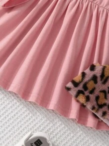 Baby Girls' Cute Cat Letter Printed Dress & Leopard Fleece Vest 2pcs Set, Spring Autumn - Multicolor - View 5