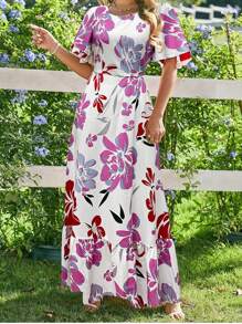 Rafferiza Vestido largo con cuello redondo, mangas con volantes y estampado floral en corte evasé para mujer - Rosa - Ver 5