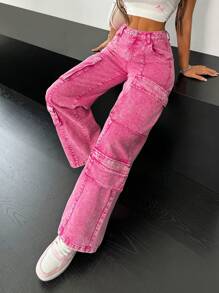 SHEIN PETITE Quần Jeans Ống Rộng Cotton Baggy Cho Nữ, Thiết Kế Gợi Cảm, Quần Cargo Cho Nữ, Quần Hồng Nóng, Quần Homecoming, Quần Jeans Baggy, Quần Jeans Nữ Baggy, Quần Jeans Cạp Thấp - Hồng - Xem 4