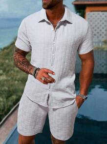 Manfinity Homme 2 sztuki/zestaw Męska koszula z krótkim rękawem i spodenki w jednolitym kolorze, minimalistyczny codzienny zestaw