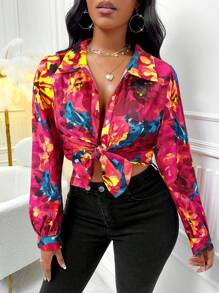 Zolique Women Colorful Floral Print Long Sleeve Shirt - Red - View 5