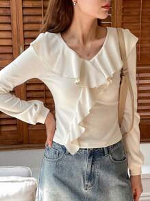 DAZY Women's Solid Ruffle Trim Fitted Cute T-Shirt