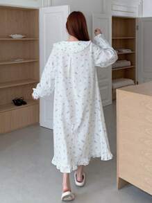 DAZY Ditsy Floral Ruffle Collar Sweet Nightgown Pajama, Moo Moo, Fall, Winter - White - View 2