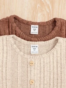 Young Girl 2pcs Solid Color Round Neck Fall Button Decor Ribbed Casual Winter Dress Set - Brown - View 4