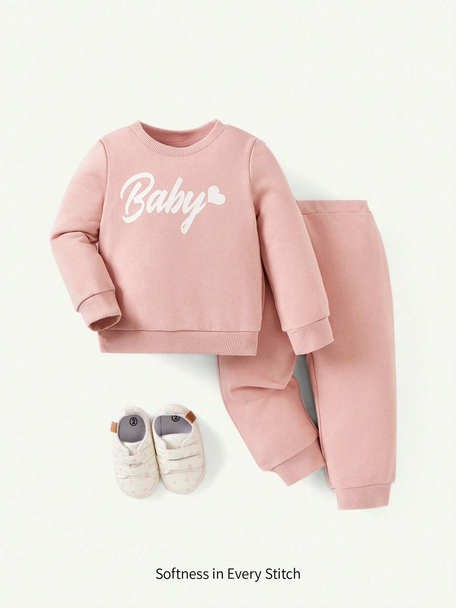Cozy Pixies 2pcs Baby Girl Knit Soft Casual Solid Color Pullover Hoodie And Pants Fall Clothes Set - Pink - View 1
