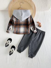 Cozy Pixies 3 件装男婴纯色针织柔软圆领长袖 T 恤、格子连帽夹克和卷边裤秋冬服装套装，适合圣诞节 - 深灰色 - 查看 2