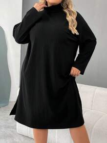 SHEIN CURVE+ 大码女式落肩立领罗纹连衣裙，秋季连衣裙 - 黑色 - 查看 5