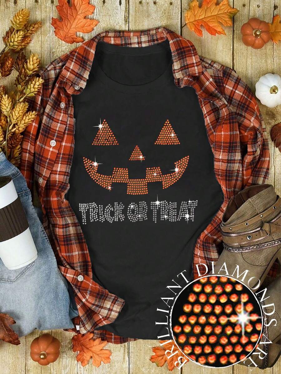 SHEIN LUNE 大码万圣节南瓜水钻黑色圆领 T 恤