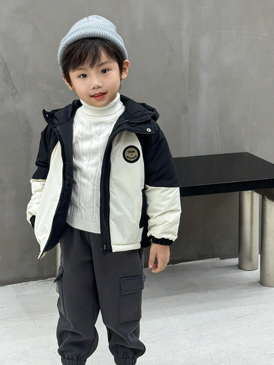 SHEIN Young Boy Classic Black & White Hooded  Coat, Fashionable & Cold-Resistant, Suitable For Autumn & Winter - Black and White - View 1