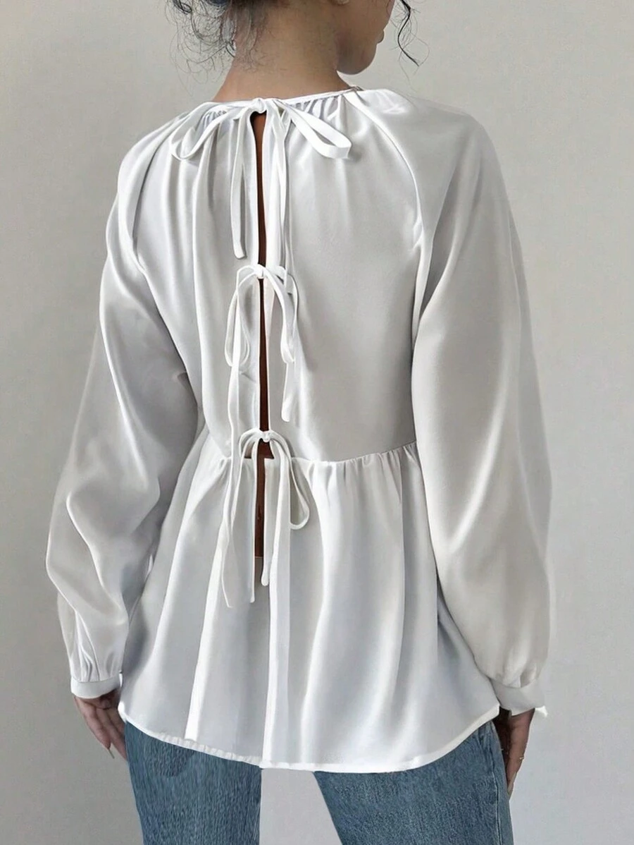 SHEIN Privé Women's Summer Casual Elegant Vacation Loose White Blouse With Tie Back, Lantern Sleeves And Ruffle Hem Fall Blouses