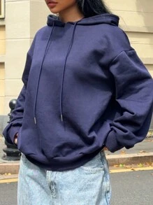 SHEIN EZwear Áo nỉ trùm đầu dày họa tiết da báo và ngôi sao cỡ lớn thả vai có dây rút dành cho nữ, phù hợp cho mùa thu và đông - Màu xanh hải quân - Xem 4