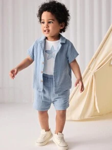 Cozy Pixies 嬰兒男童星型紋織針織軟短袖上衣和休閑短褲套裝，搭配翻領針織外套 - 藍色 - 查看 1