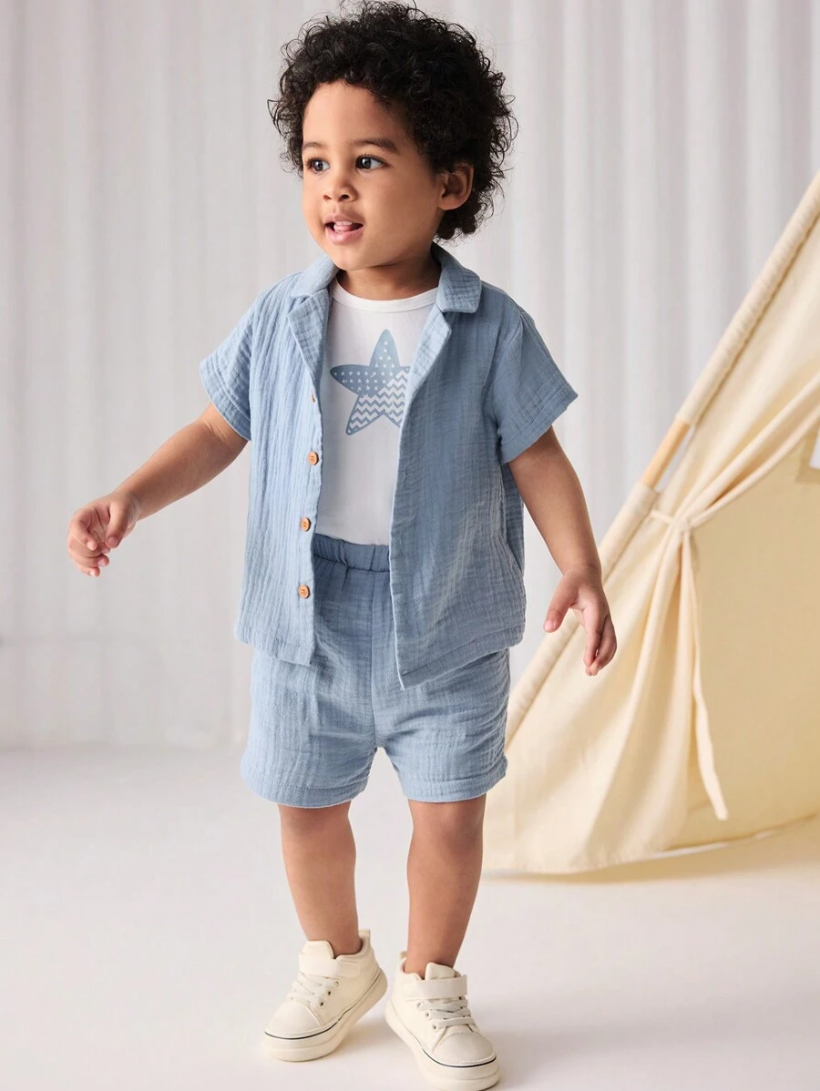 Cozy Pixies 嬰兒男童星型紋織針織軟短袖上衣和休閑短褲套裝，搭配翻領針織外套 - 藍色 - 查看 1