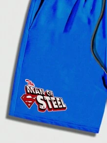 ROMWE MEN SUPERMAN X ROMWE Bộ 2 quần áo thể thao in hình anh hùng anime giản dị có dây rút cho nam - Màu xanh lam - Xem 7