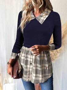 SHEIN Clasi Women's Solid Color Plaid Patchwork Long Sleeve T-Shirt - Navy Blue - View 4