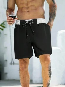 Zalmeno Quần short đi biển thông thường có dây rút màu tương phản cho nam - Đen và trắng - Xem 1