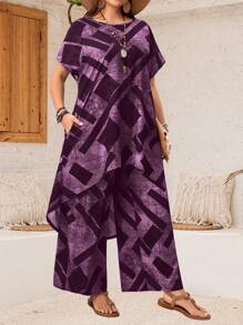 EMERY ROSE 2 bộ đồ áo và quần in họa tiết hình học cỡ lớn cho nữ, đi nghỉ thường ngày - Màu tím - Xem 4
