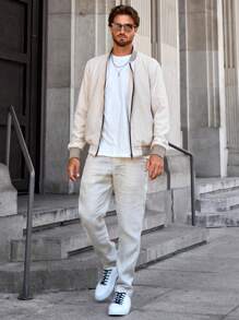 Manfinity Homme Men's Baseball Collar Zip-Up Fleece Jacket - Khaki - View 5