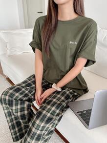 DAZY 宽松字母印花T恤和格子裤家居服套装睡衣