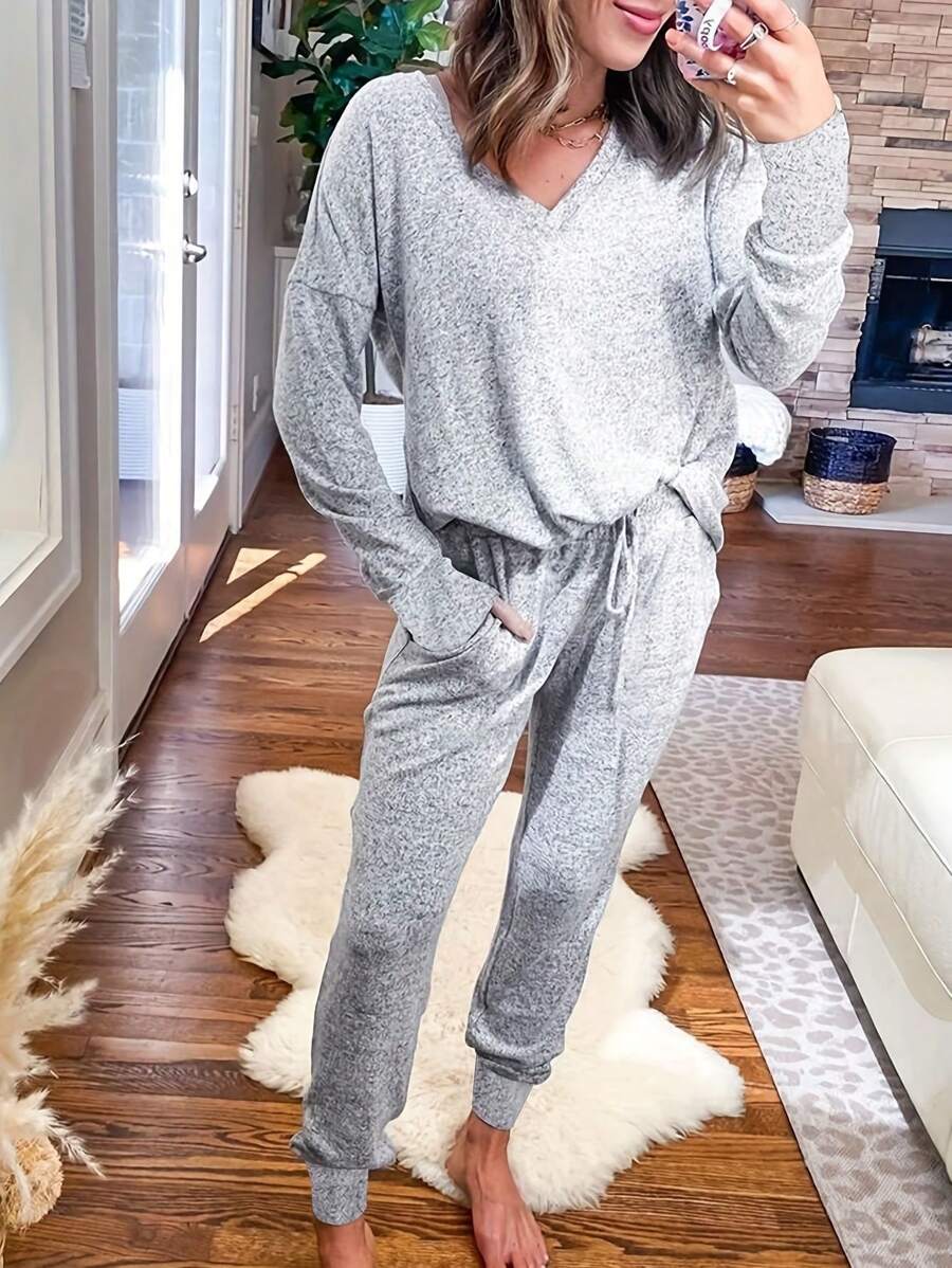 INAWLY 2 件女式 V 领长袖纯色休闲上衣和抽绳裤套装 - 灰色 - 查看 1