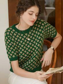 Knit Mix 法式风格女士针织通勤毛衣，花卉图案，撞色短袖T恤，适合春秋季节穿着，简约复古返校季秋季女装