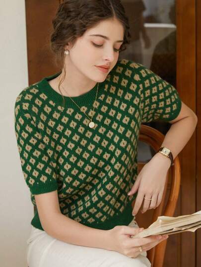 Knit Mix 法式风格女士针织通勤毛衣，花卉图案，撞色短袖T恤，适合春秋季节穿着，简约复古返校季秋季女装