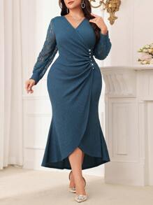 Modelyn Plus Size Women's Solid Color Simple Casual V-Neck Hollow Long Sleeve Dress Long Evening Dresses - Blue - View 2