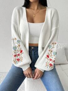 SHEIN ChicEase Floral Embroidery Casual Cardigan - White - View 6