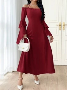 Modelyn Burgundy Red Women's Solid Color Halter Backless Ruffle Trim Casual Dress Long Evening Dresses - Burgundy - View 4
